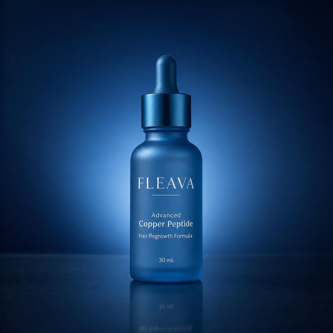 Fleava Advanced Copper Peptide hair regrowth serum bottle with benefit icons