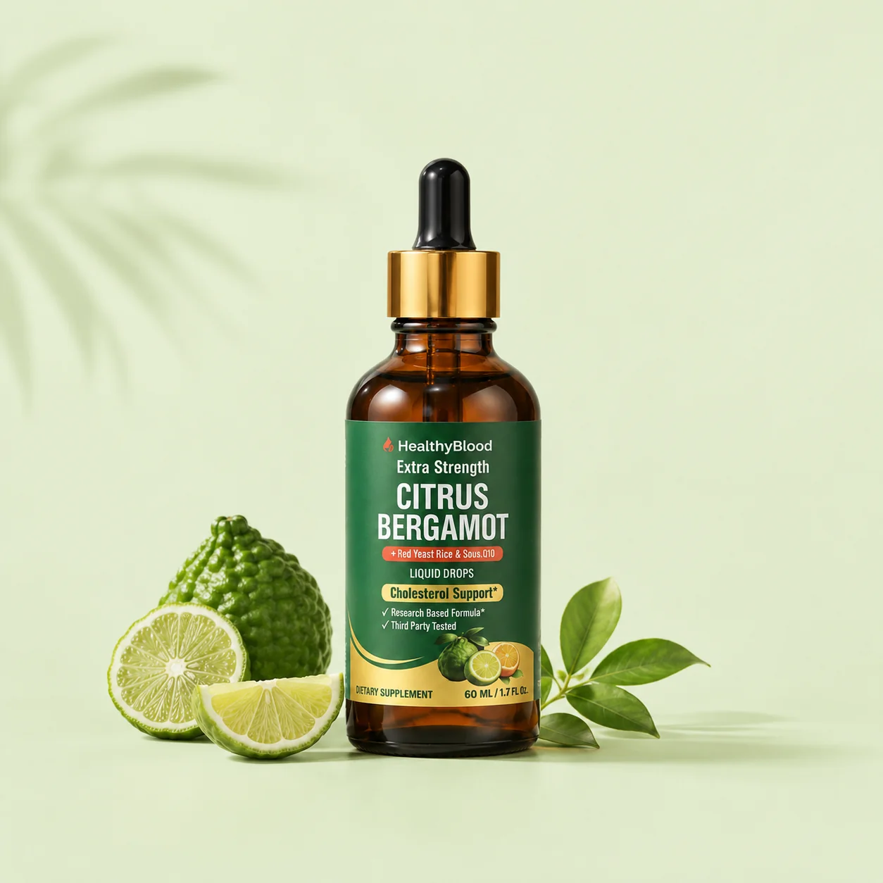 Reclaime Supplements Extra Strength Citrus Bergamot liquid drops bottle with fresh bergamot fruit