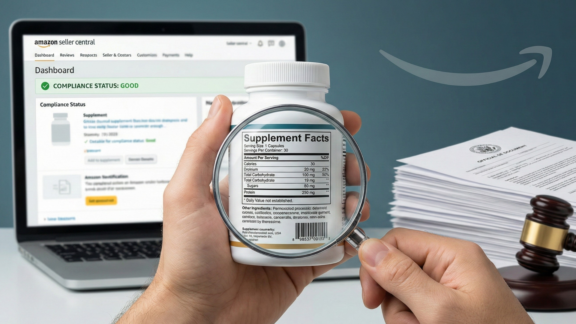 Amazon FBA supplement products with compliance documentation and branded shipping boxes