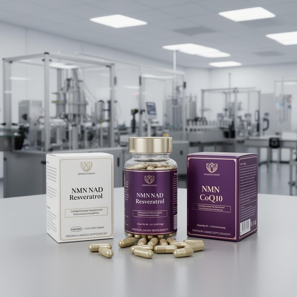 NMN NAD+ resveratrol and CoQ10 longevity supplement capsules in premium packaging