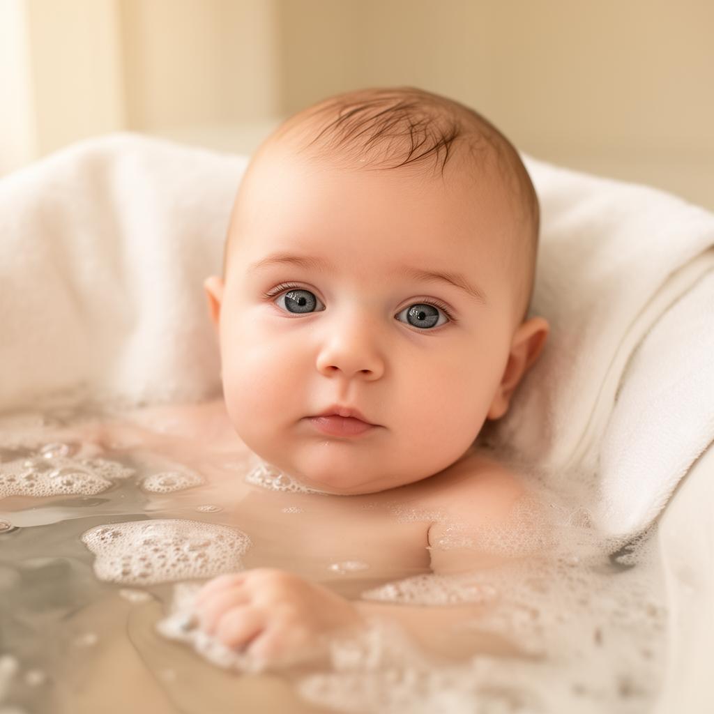 Calm baby in a warm bath with gentle bubbles