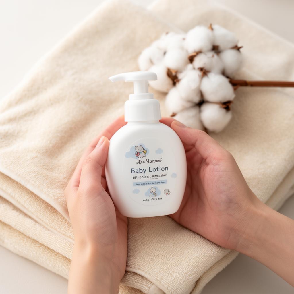 Hands holding a soft baby lotion bottle on a folded cream towel