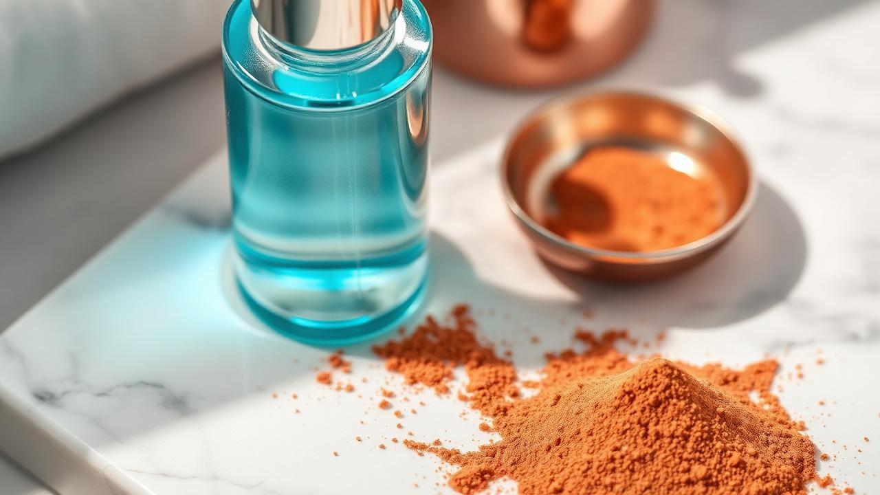 A copper-blue tinted skincare serum in a clear glass dropper bottle next to a copper bowl and a small mound of copper-colored peptide powder on white marble