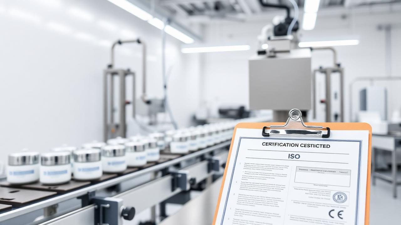 Cosmetic manufacturing facility with skincare jars on a stainless steel production line and ISO certification documentation