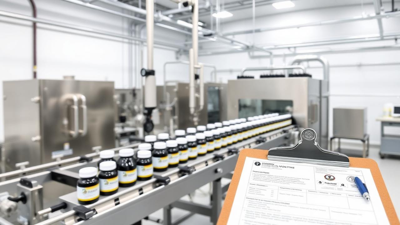 Supplement manufacturing facility with stainless steel production line and quality control certification documentation