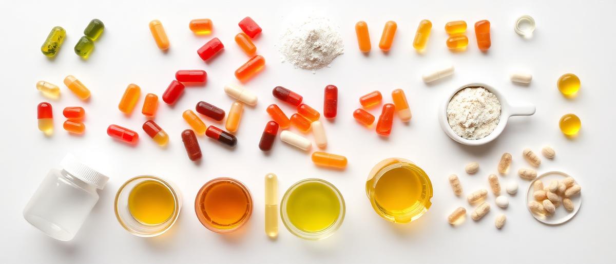 Various supplement formats including capsules, powders, gummies, softgels, and stick packs arranged on a marble surface