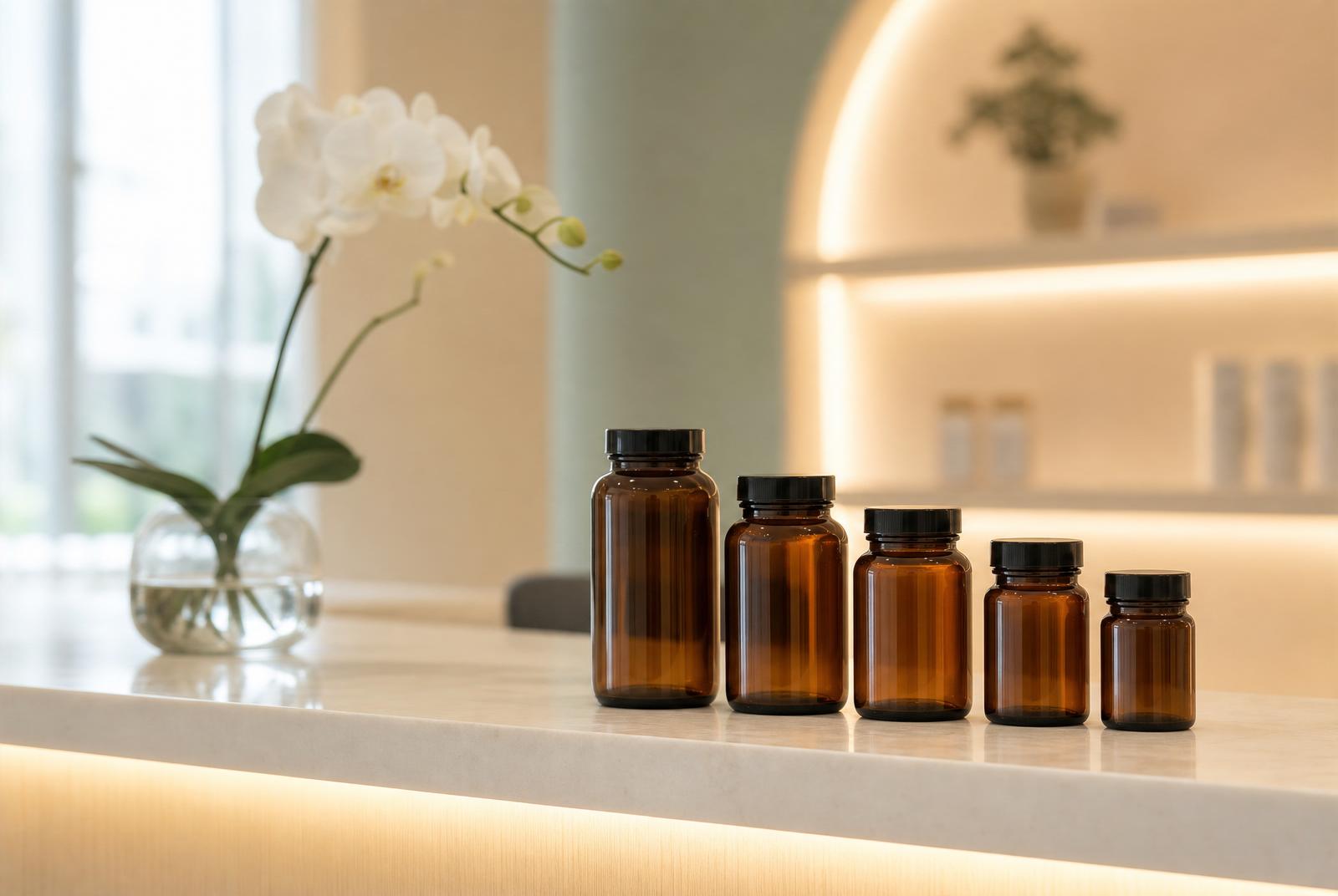 A row of unlabeled amber glass supplement bottles on a clean medspa reception counter beside a white orchid