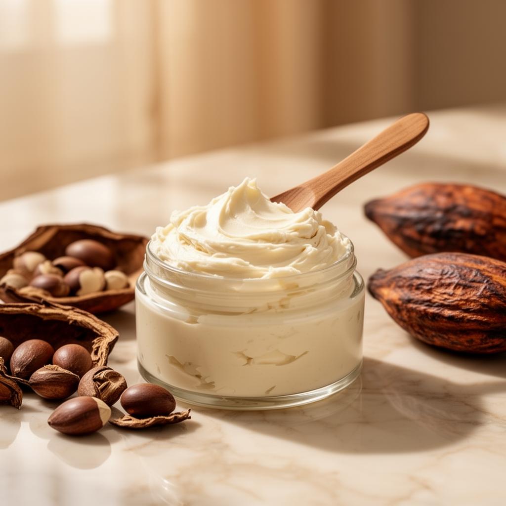 Whipped body butter in glass jar with wooden spatula and shea nuts