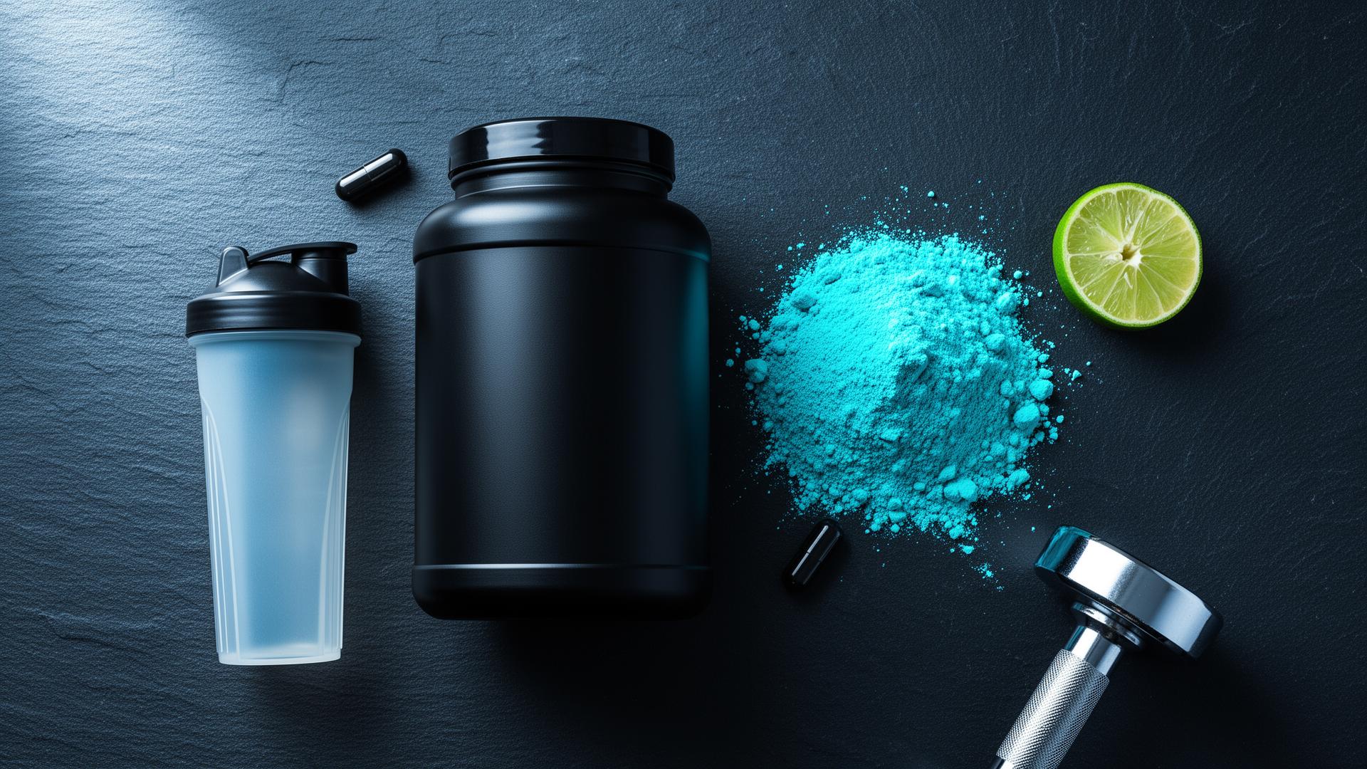 Matte black bodybuilding supplement tub with electric cyan pre-workout powder, shaker bottle, capsules and chrome dumbbell on dark slate