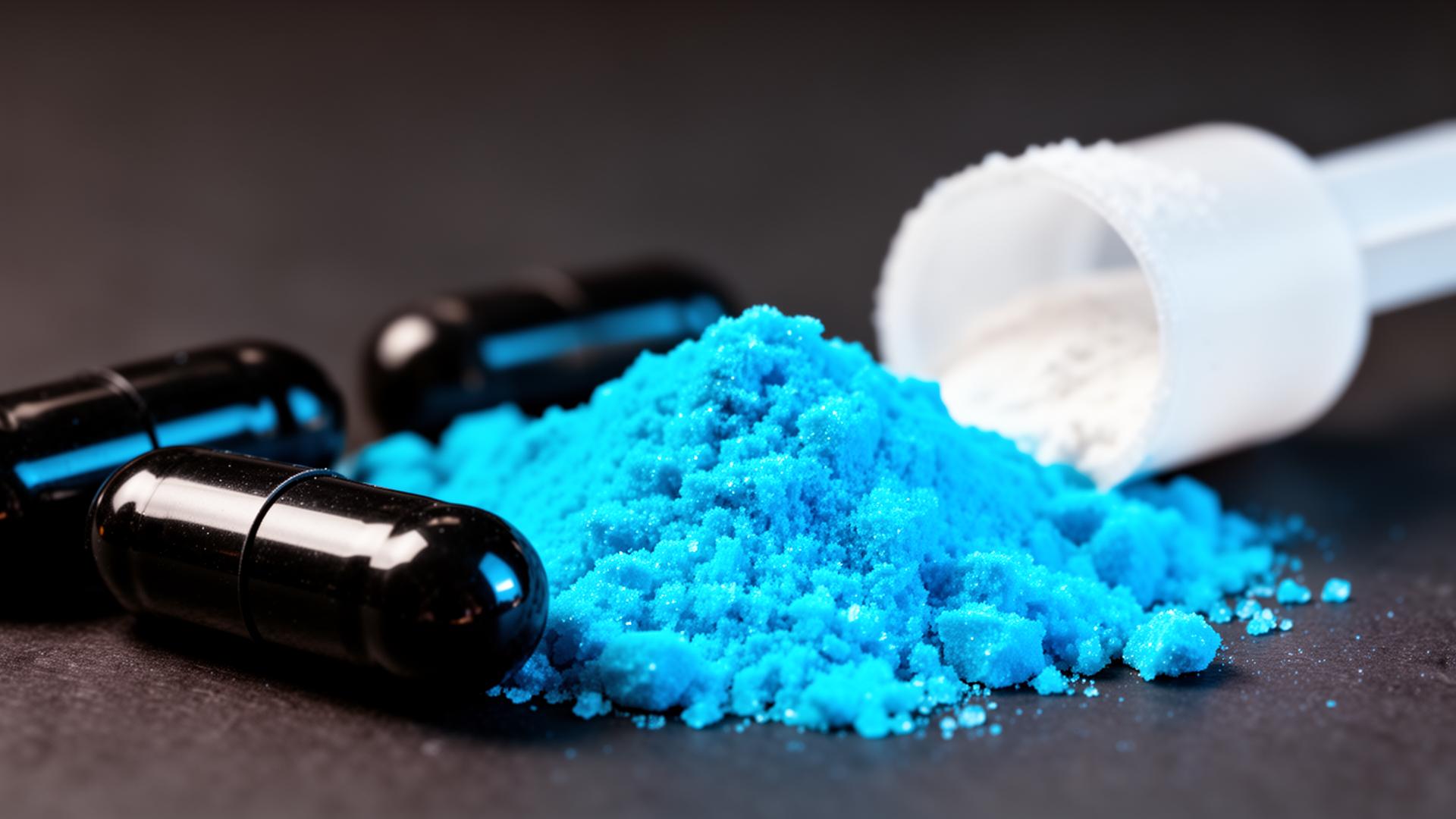 Macro close-up of glossy black capsules, electric cyan pre-workout powder, and a white scoop on a dark charcoal surface