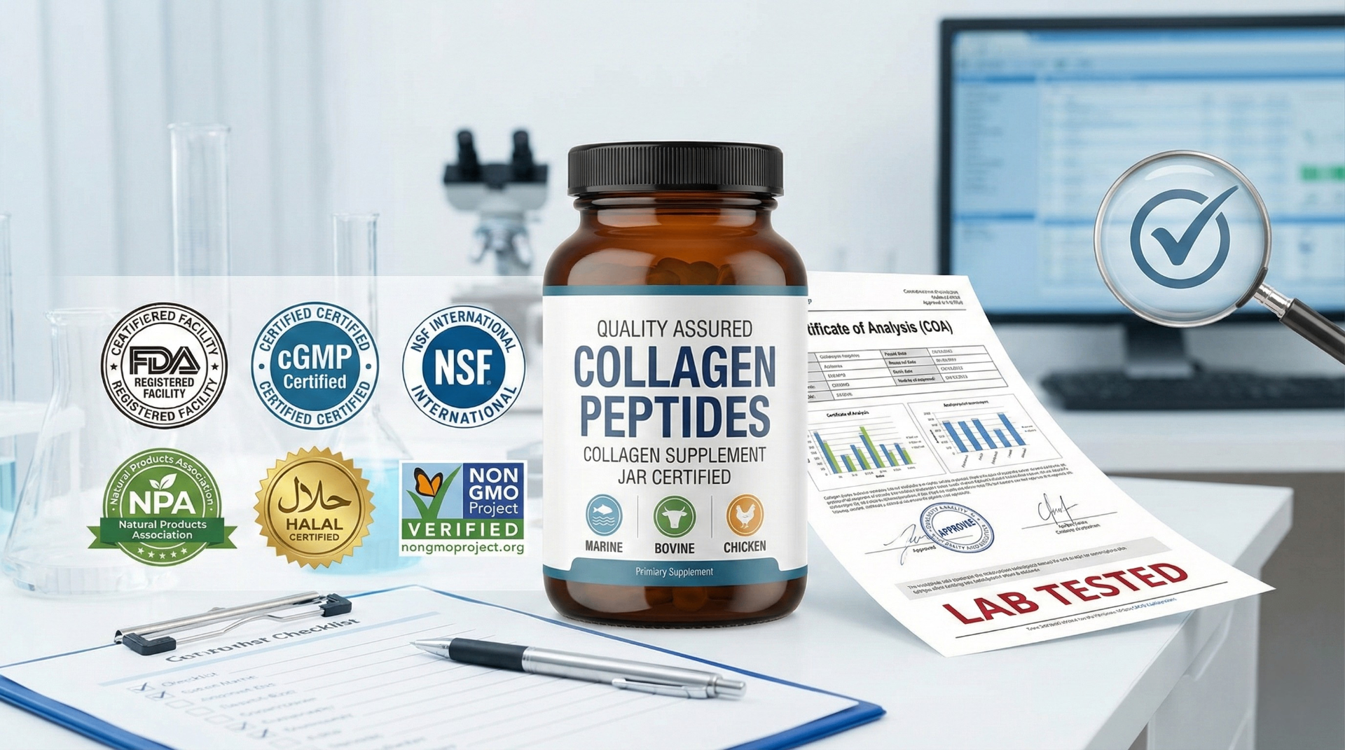 Collagen peptides supplement with FDA, cGMP, NSF, NPA, Halal, and Non-GMO certifications alongside Certificate of Analysis