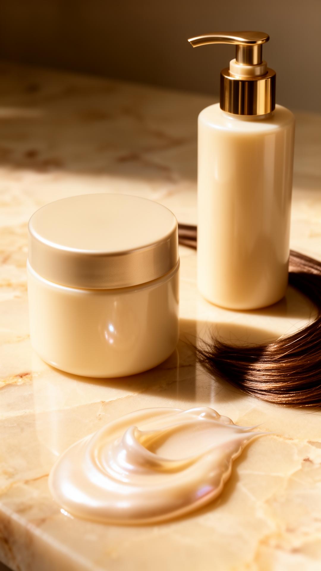 Pearl-cream hair conditioner jar and pump bottle on warm marble with a glossy hair strand