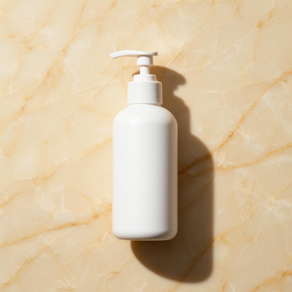 White pump bottle daily conditioner on warm cream marble