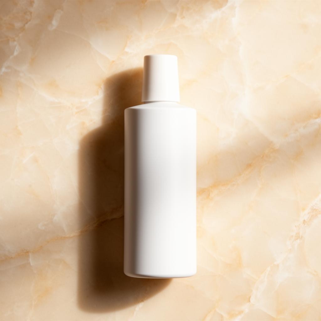 Slim white leave-in conditioner spray bottle on warm cream marble