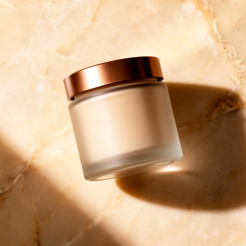 Frosted glass jar of deep conditioning mask with bronze lid on cream marble