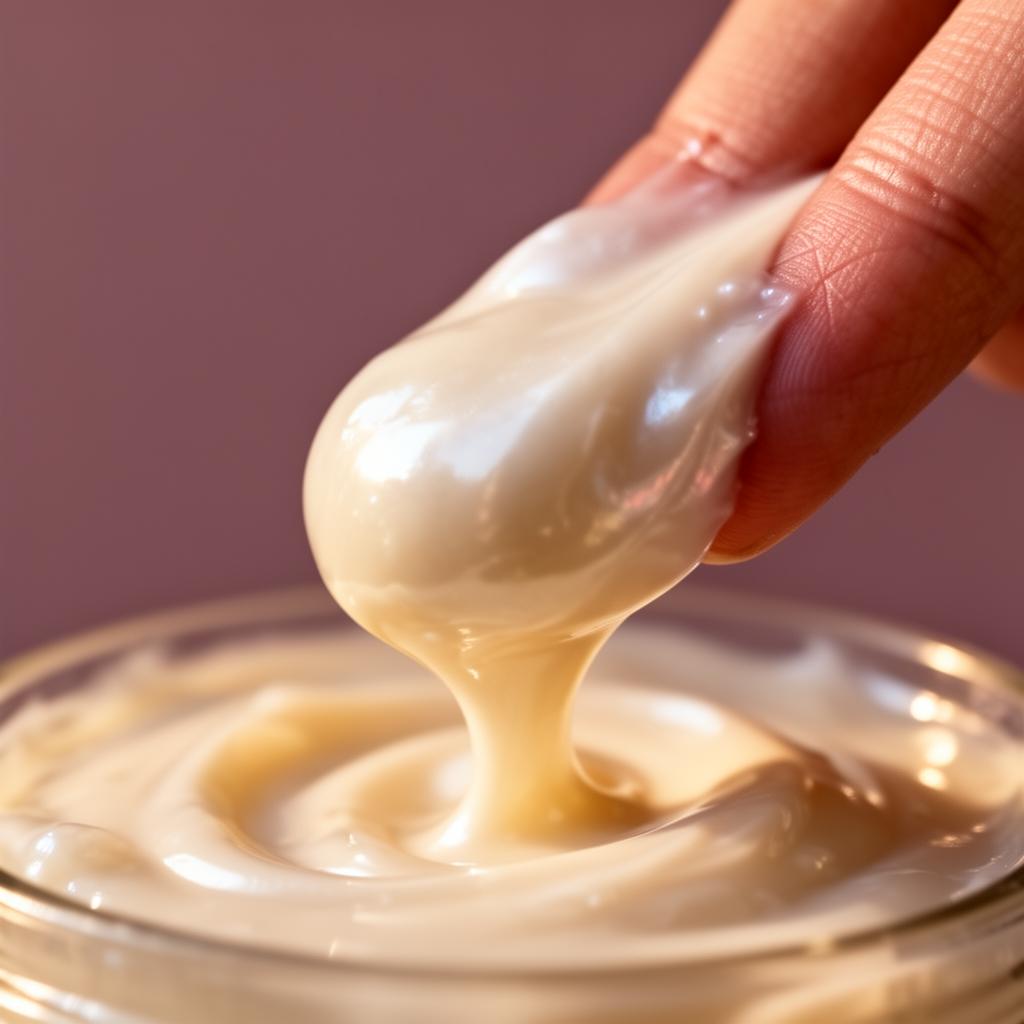 Thick pearl-cream conditioner being scooped from a jar showing rich silky texture
