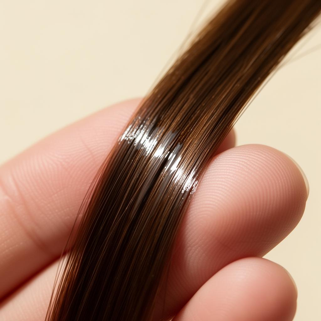 Single glossy healthy hair strand being smoothed between fingertips showing slip and shine