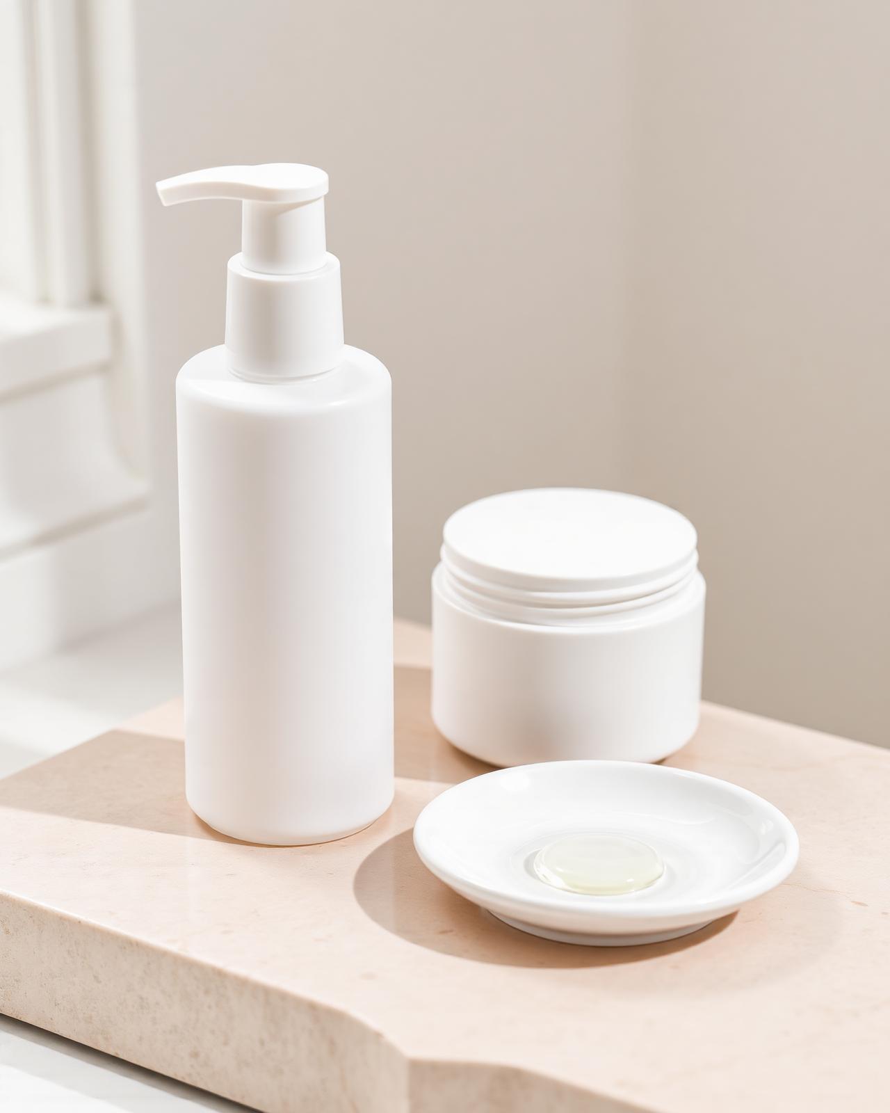 White matte airless cream jar and pump bottle on champagne stone slab in a medspa treatment room