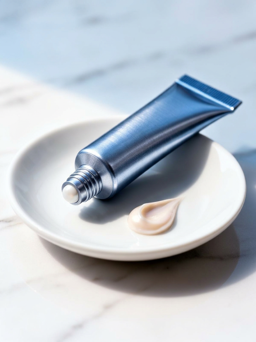 Brushed silver-blue peptide eye treatment tube on white porcelain dish