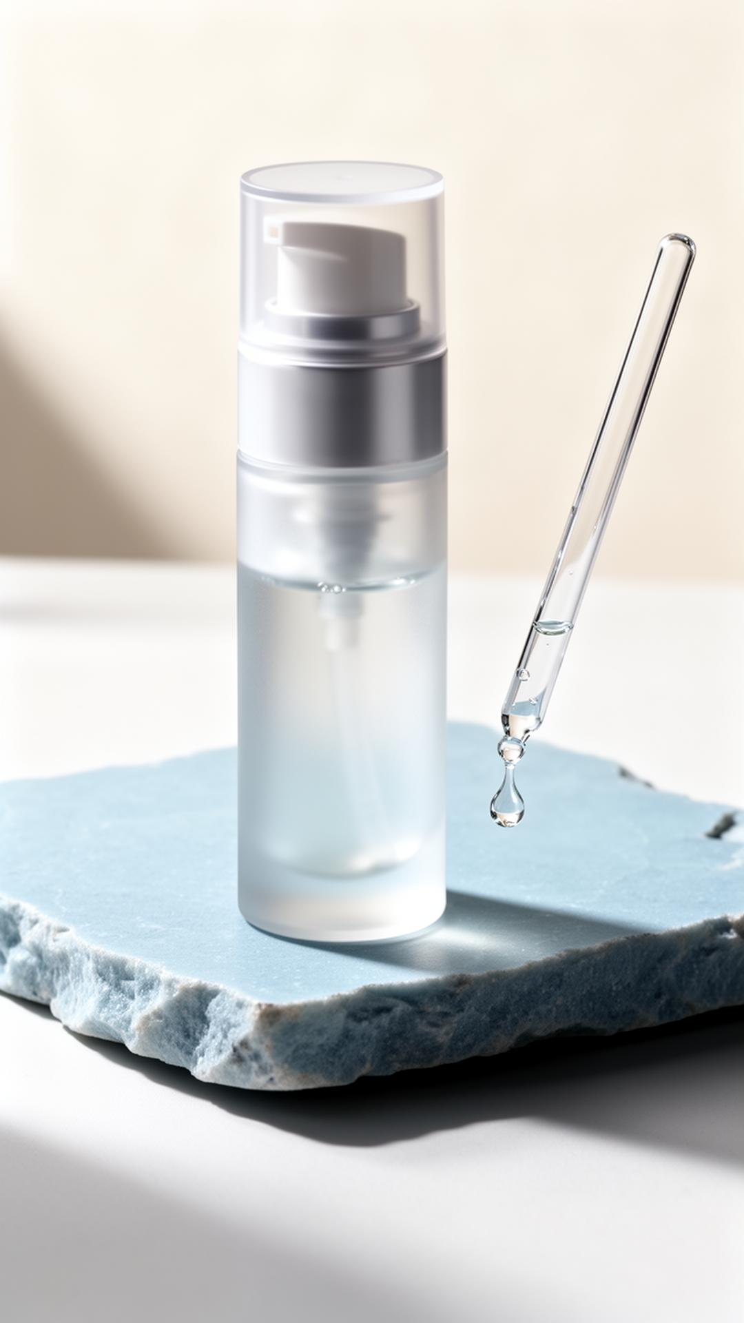 Frosted airless peptide serum bottle with glass pipette on dove-blue stone slab