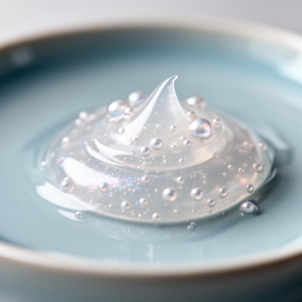 Macro of luxury peptide cream with pearlescent micro-spheres on pale blue ceramic