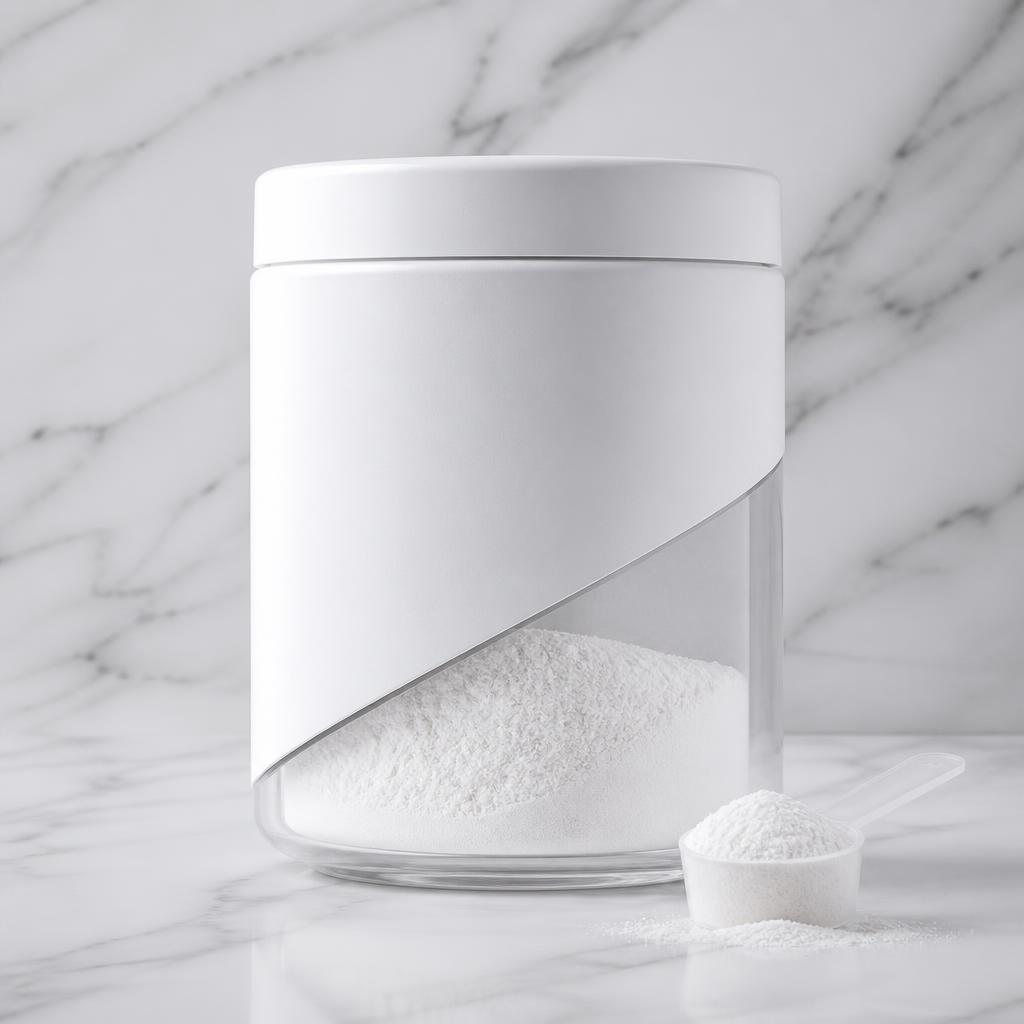 Modern buffered creatine powder container with pH-correct design