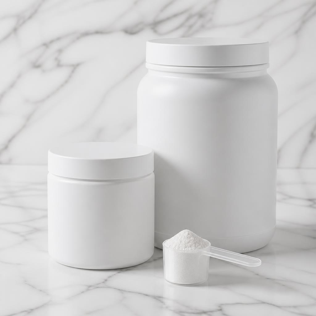 Stack of white creatine magnesium chelate supplement containers