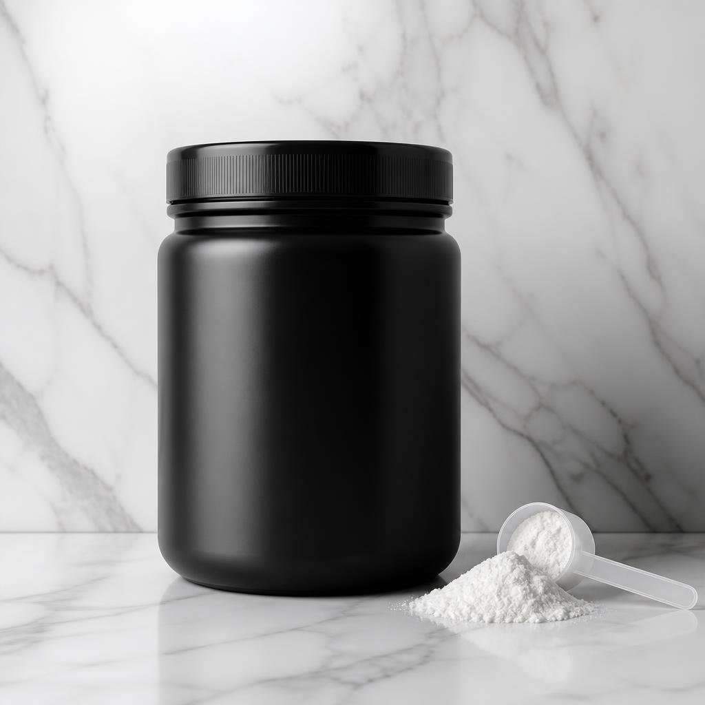 Premium black creatine tub representing German Creapure branding