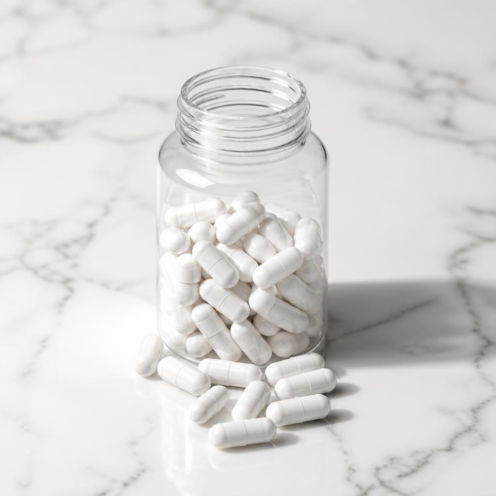 Clear capsule bottle with white creatine HCl capsules