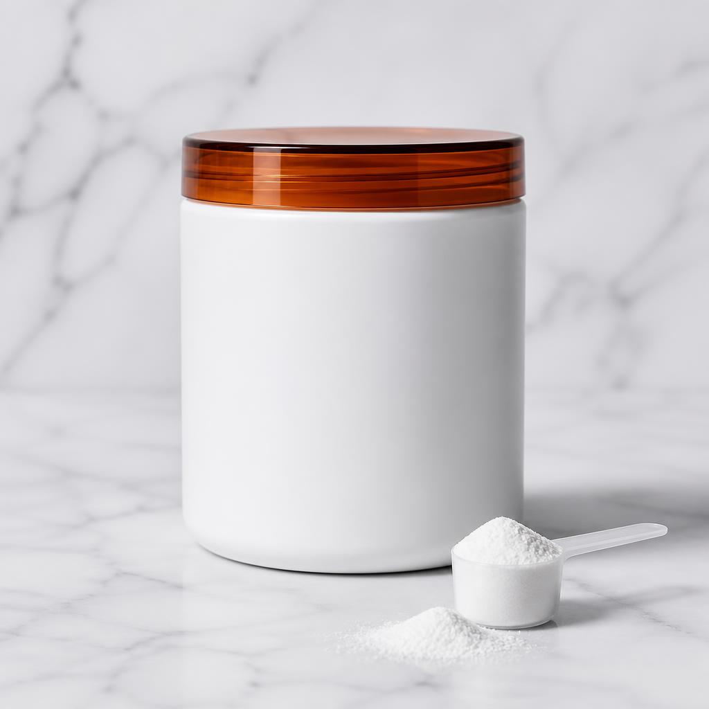 White creatine monohydrate powder tub with scoop on marble