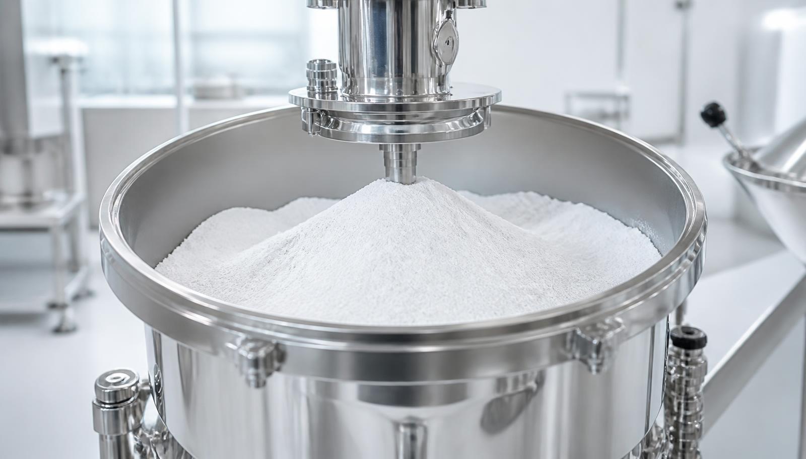 Micronized creatine monohydrate powder blending in a stainless steel vessel inside a cGMP supplement manufacturing suite