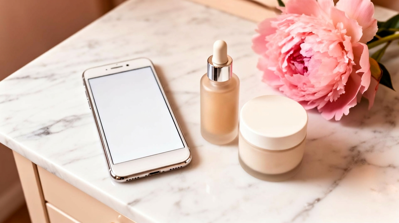 Creator-led beauty brand serum and cream on a marble vanity