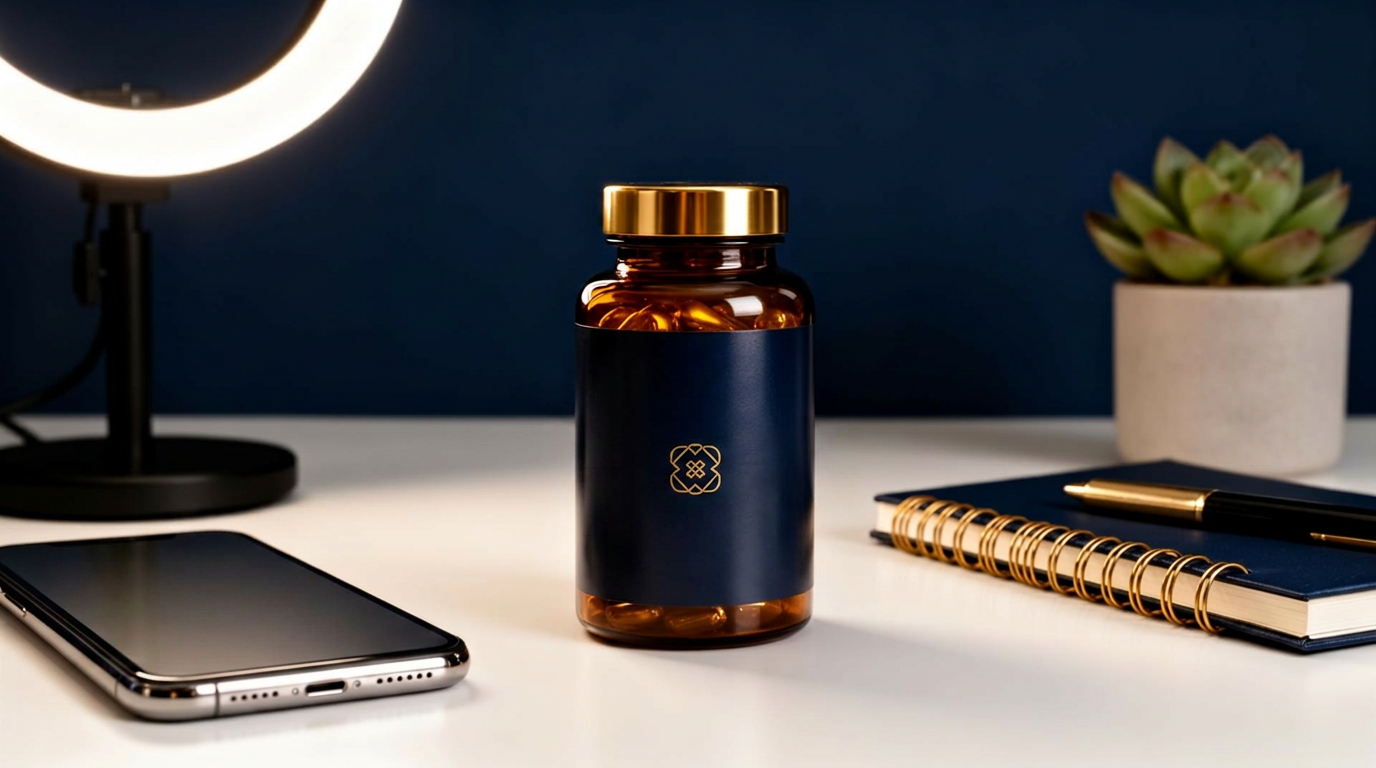 Premium creator-led supplement brand on a content creator's desk with ring light and phone