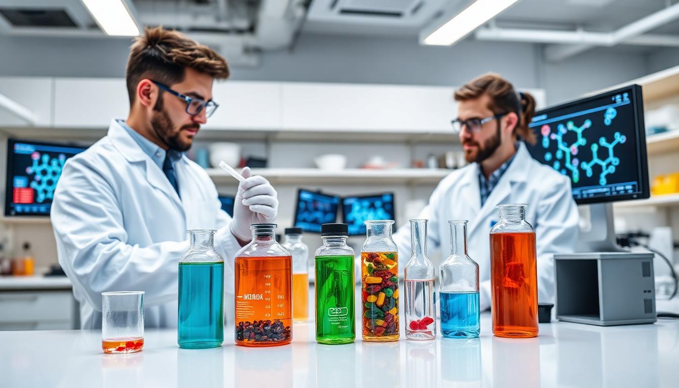 Scientists developing custom supplement formulations in a modern R&D laboratory
