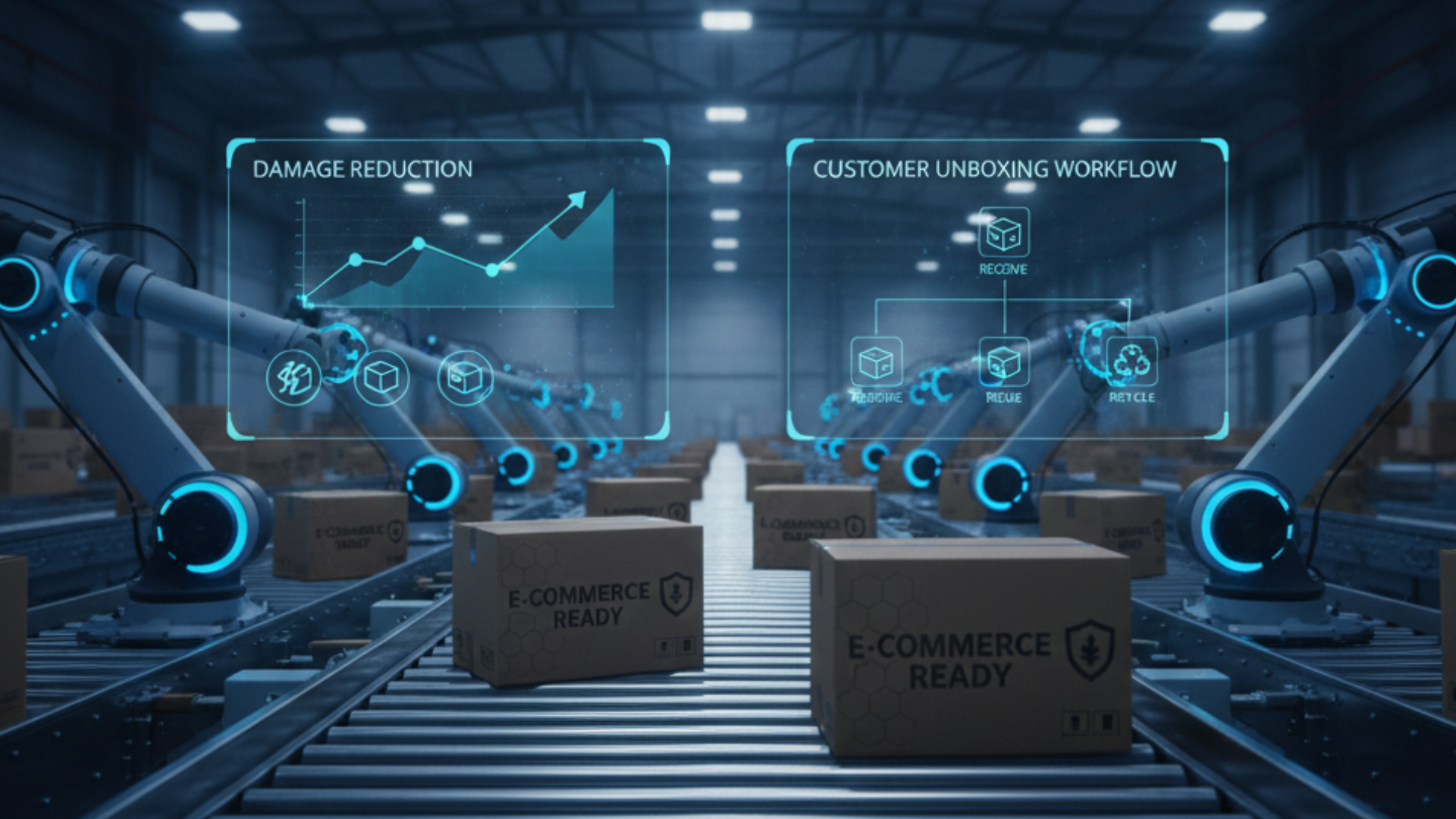 Automated ecommerce fulfillment warehouse with robotic arms and e-commerce ready packaging