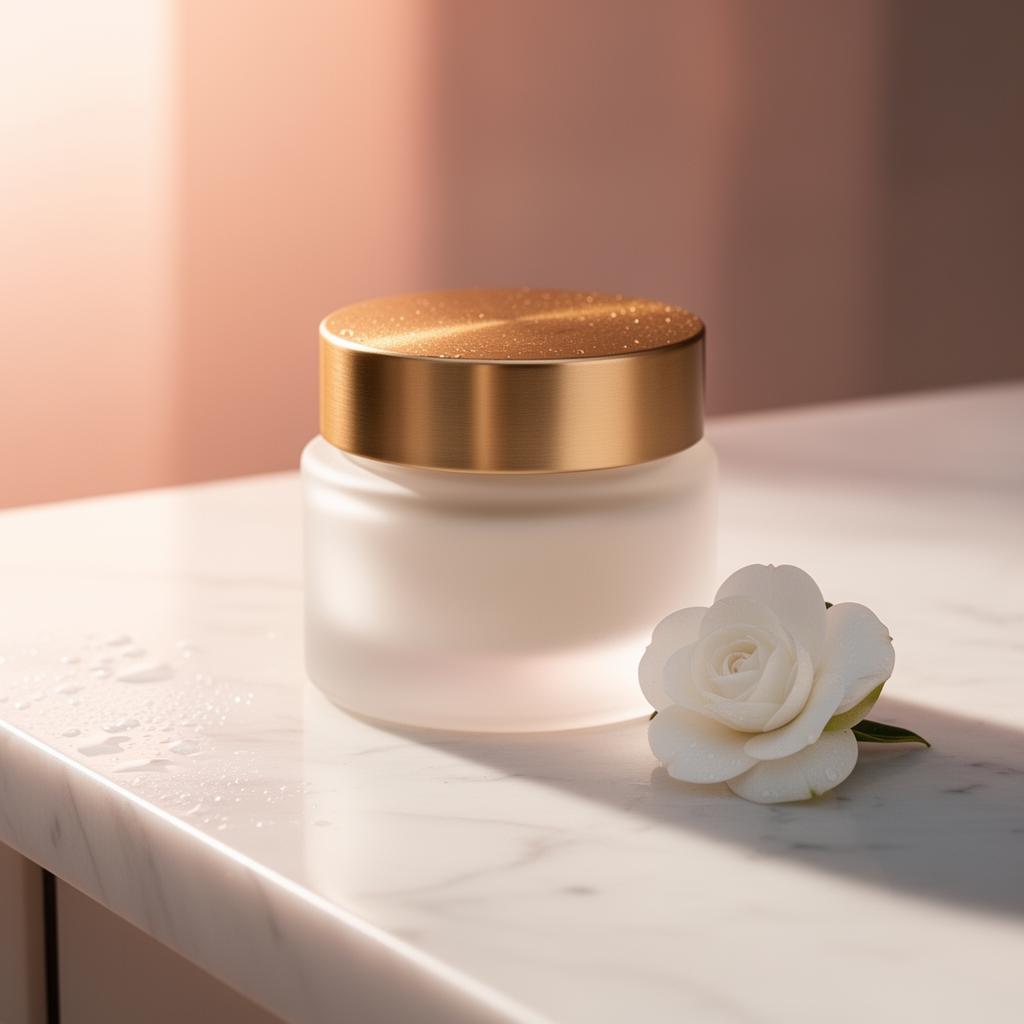 Minimalist white ceramic medspa moisturizer jar on champagne stone