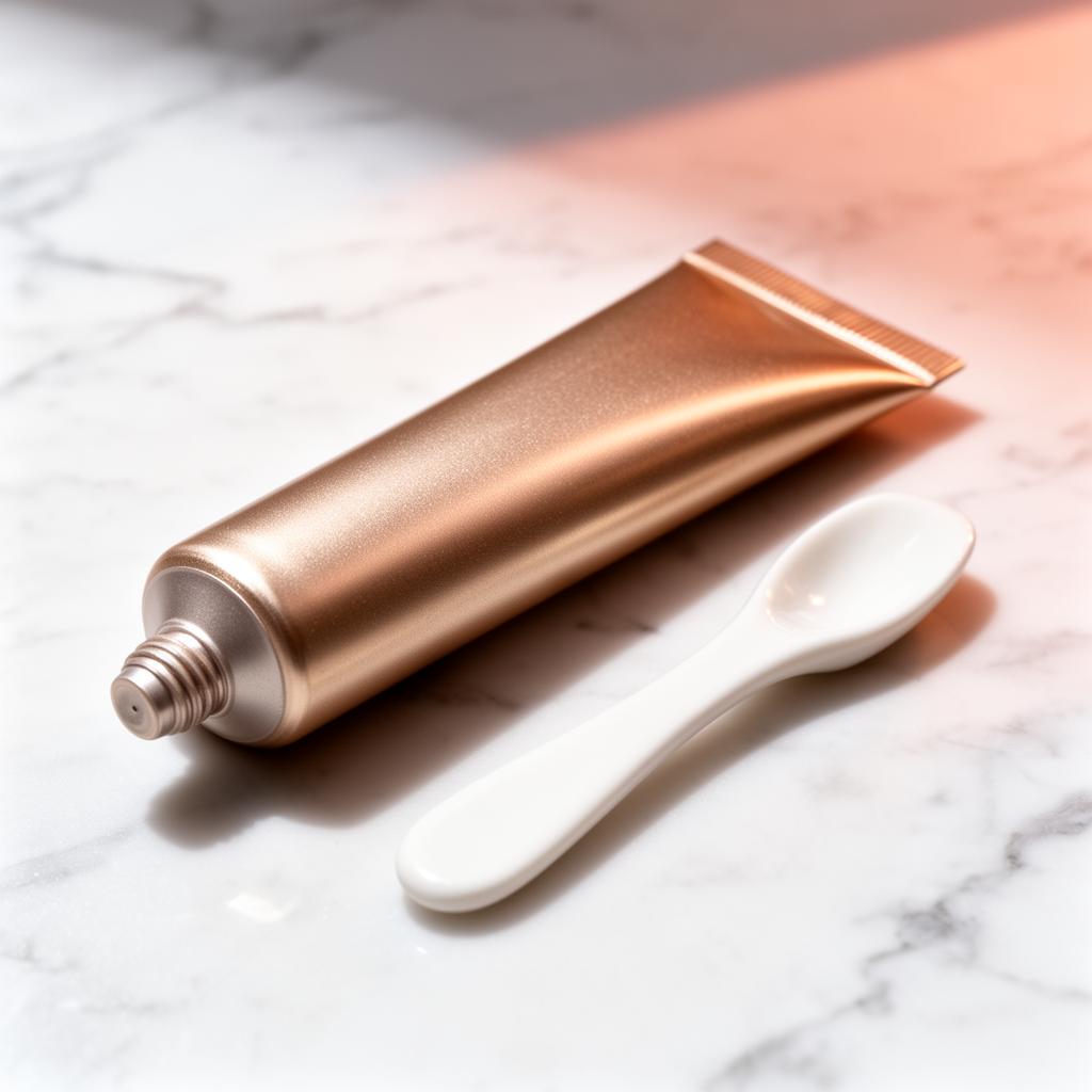 Champagne metal eye cream tube with porcelain spatula on marble