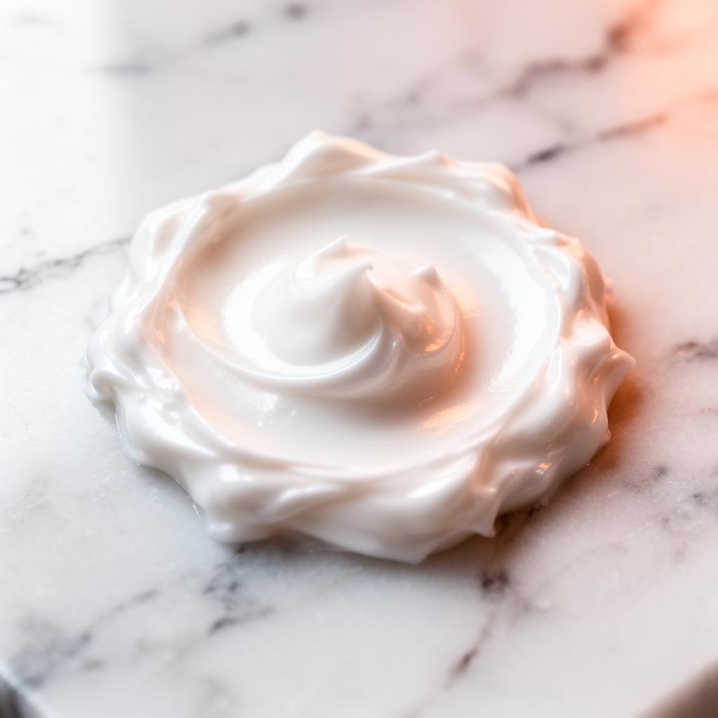 Macro swirl of luxury face cream on white marble showing peaks, slip, and finish