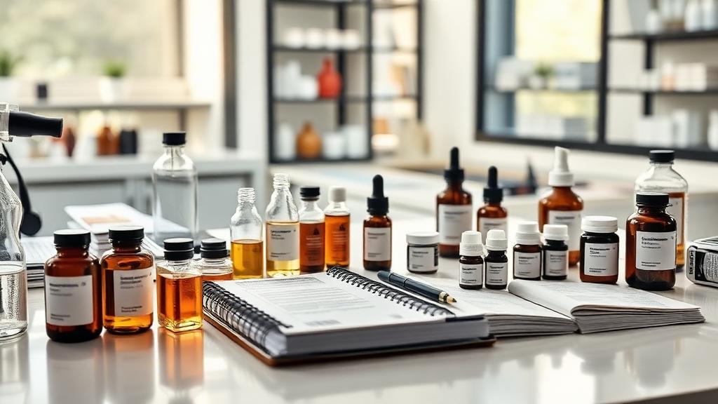 Product development desk with formula notebooks, ingredient samples, and packaging mockups