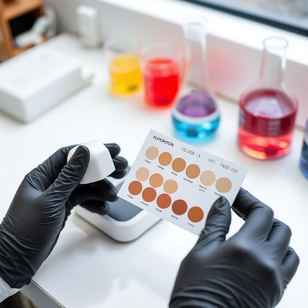 Cosmetic chemist reading a foundation shade card against a spectrophotometer