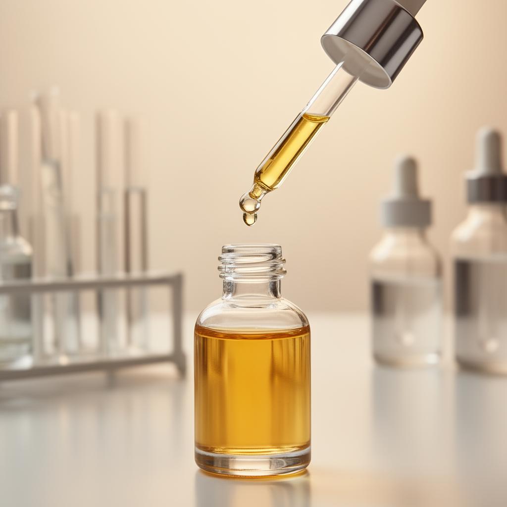 Dropper releasing golden perfume oil into a glass bottle