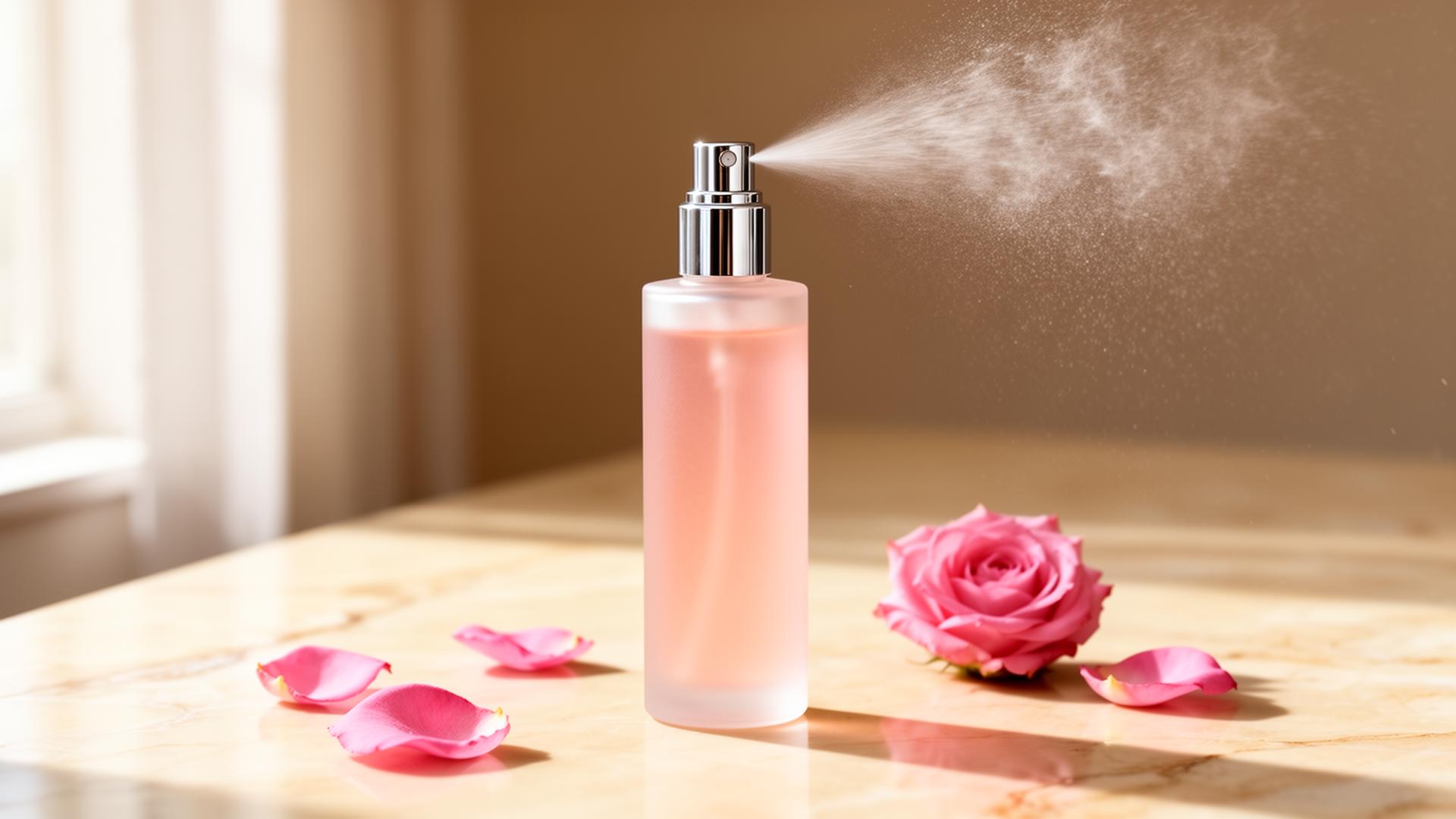 Frosted glass body mist spray bottle with fine atomizer releasing a delicate mist on cream marble