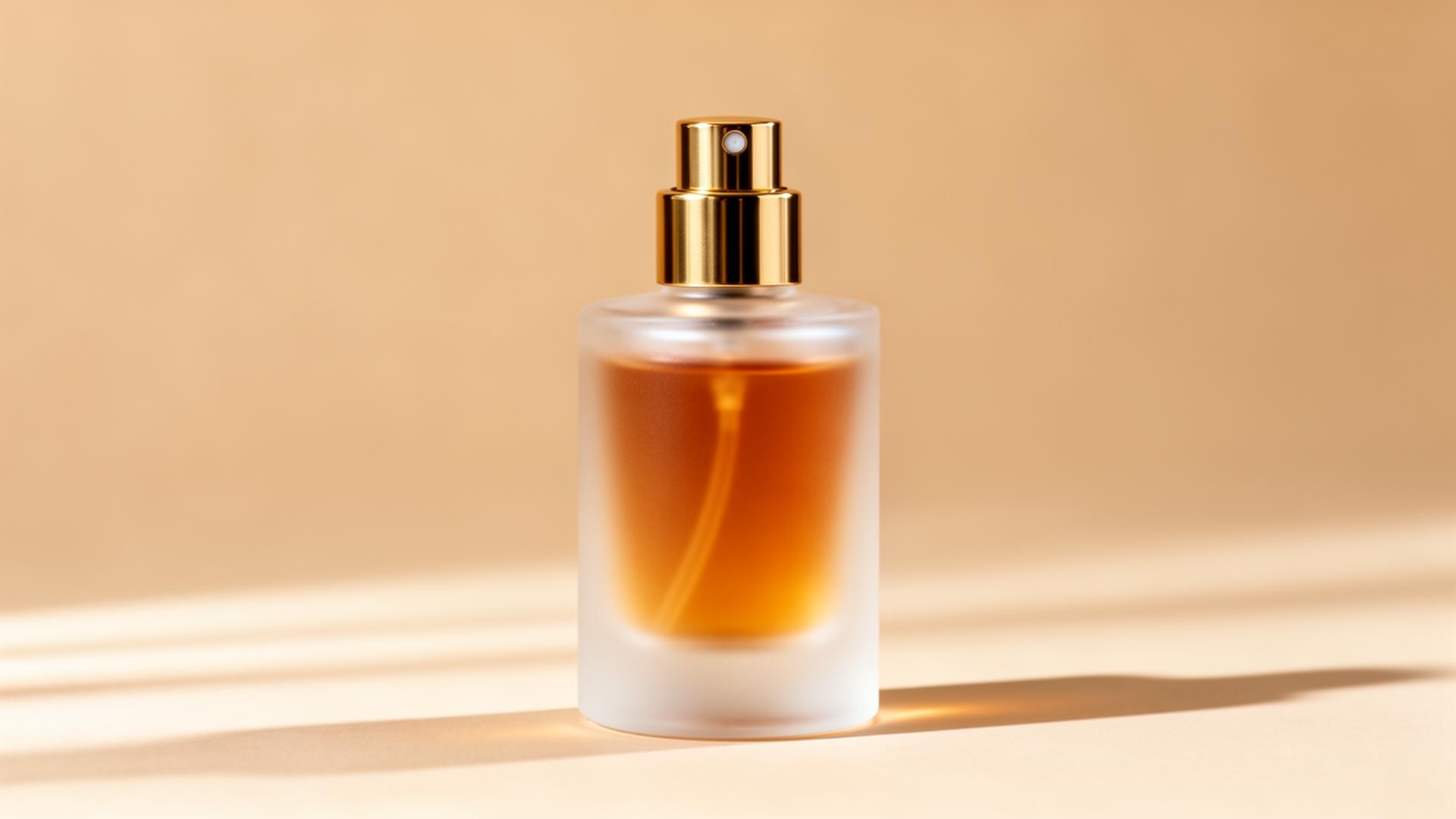 Frosted-glass perfume bottle with golden atomizer on warm beige backdrop