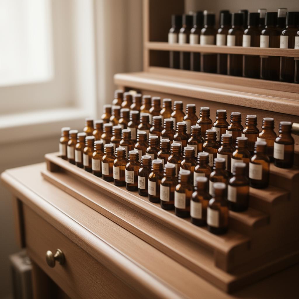 Perfumer's organ with rows of amber fragrance concentrate bottles