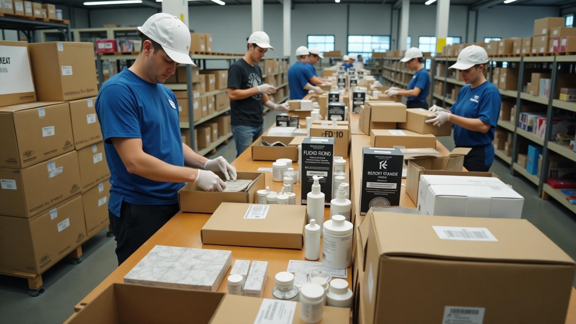 Luxury beauty product packaging station with professional fulfillment operations