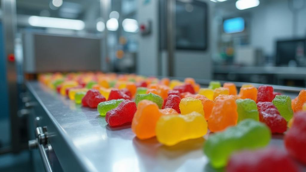 Modern gummy manufacturing line with colorful gummy products