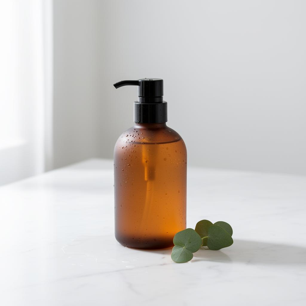 Amber glass shampoo bottle with pump on white marble
