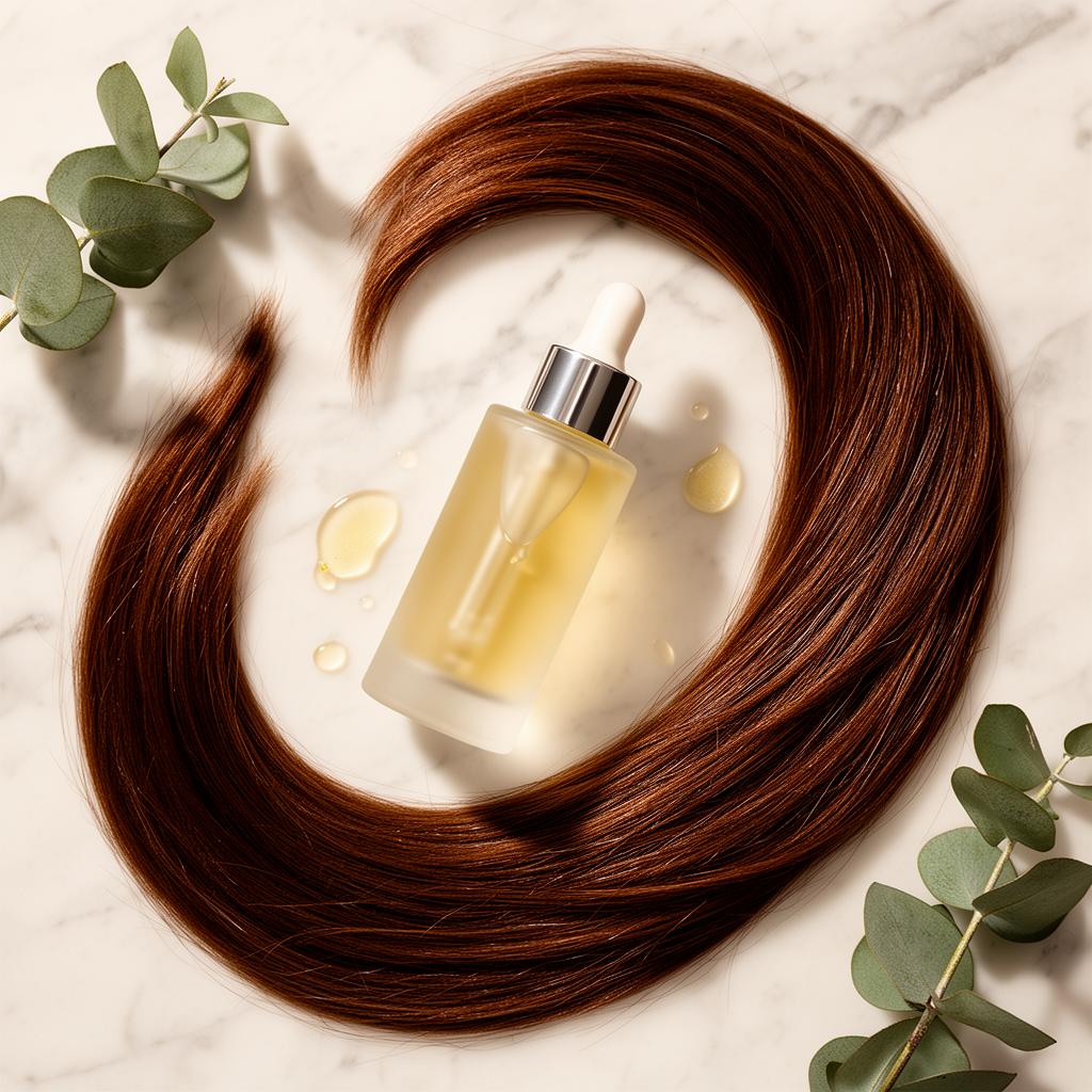 Frosted hair serum bottle nested in glossy hair strands on white marble
