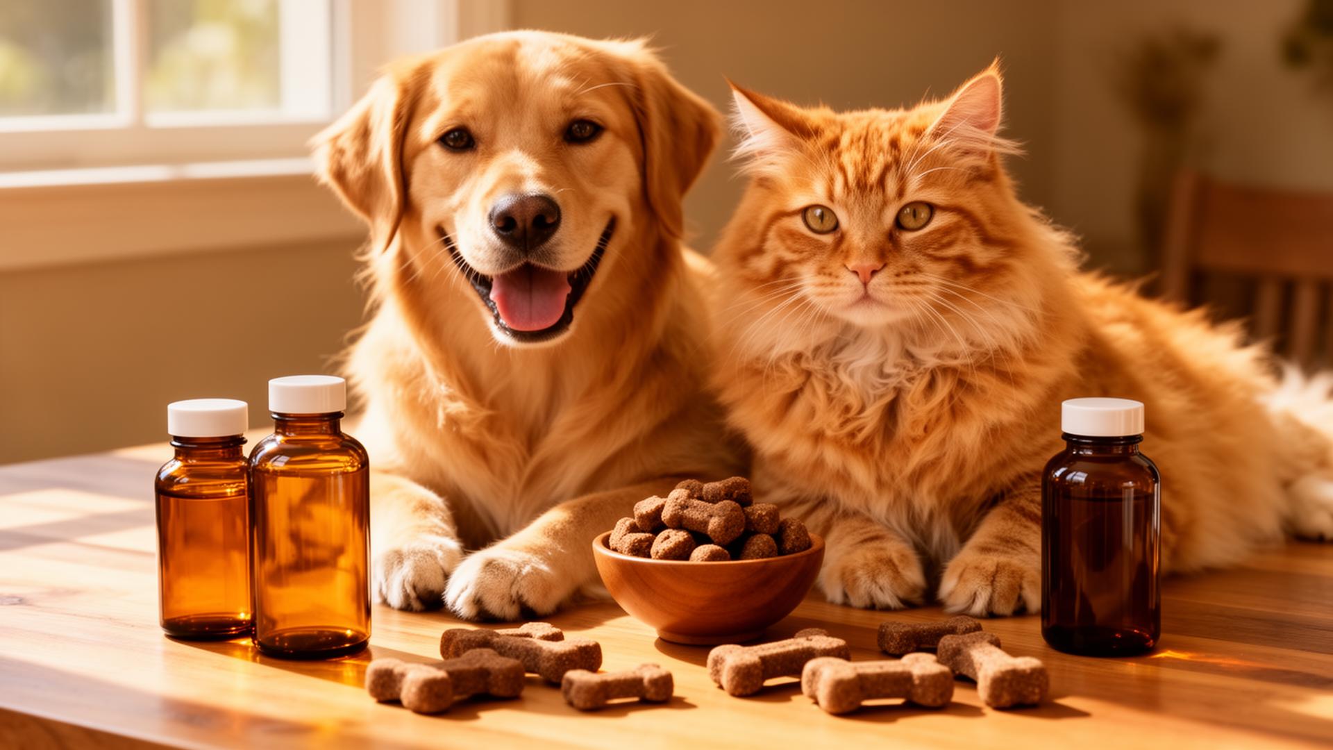 Happy dog and cat with branded pet supplement bottles and soft chews on a warm sunlit surface