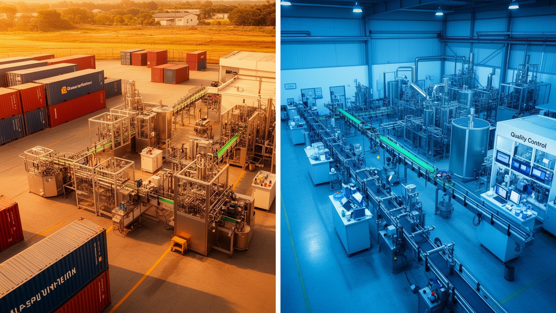 Split comparison of two modern supplement manufacturing facilities with shipping containers and quality control lab